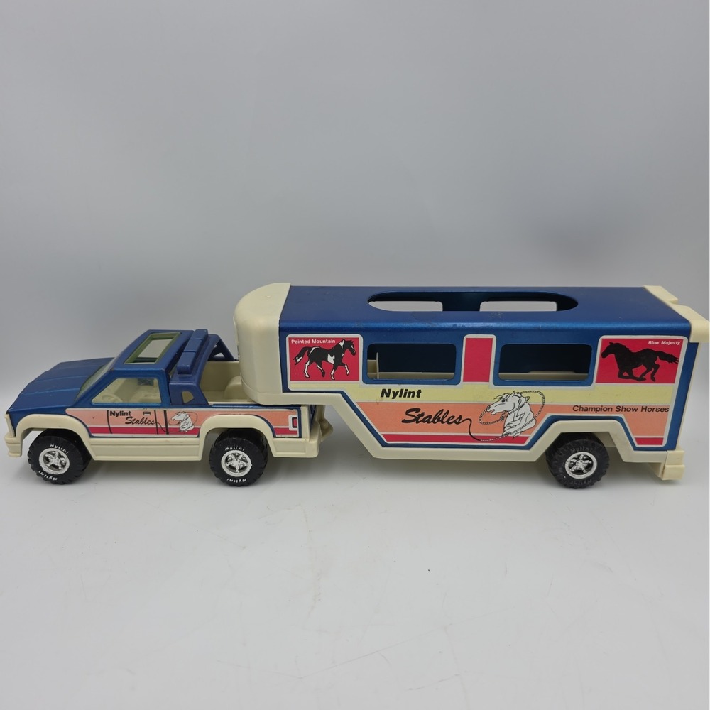 Vintage Nylint Stables Pressed Steel Blue 8" Truck & 10" Show Horse Trailer